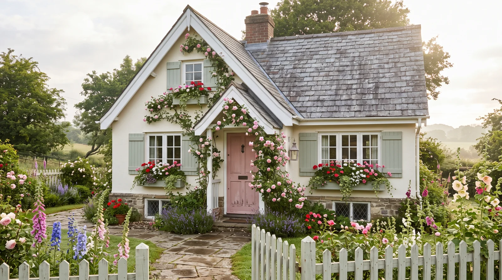 Cottagecore Warm White With Climbing Roses