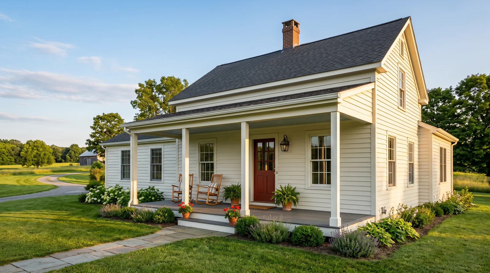 Classic White Farmhouse With A Red Door
