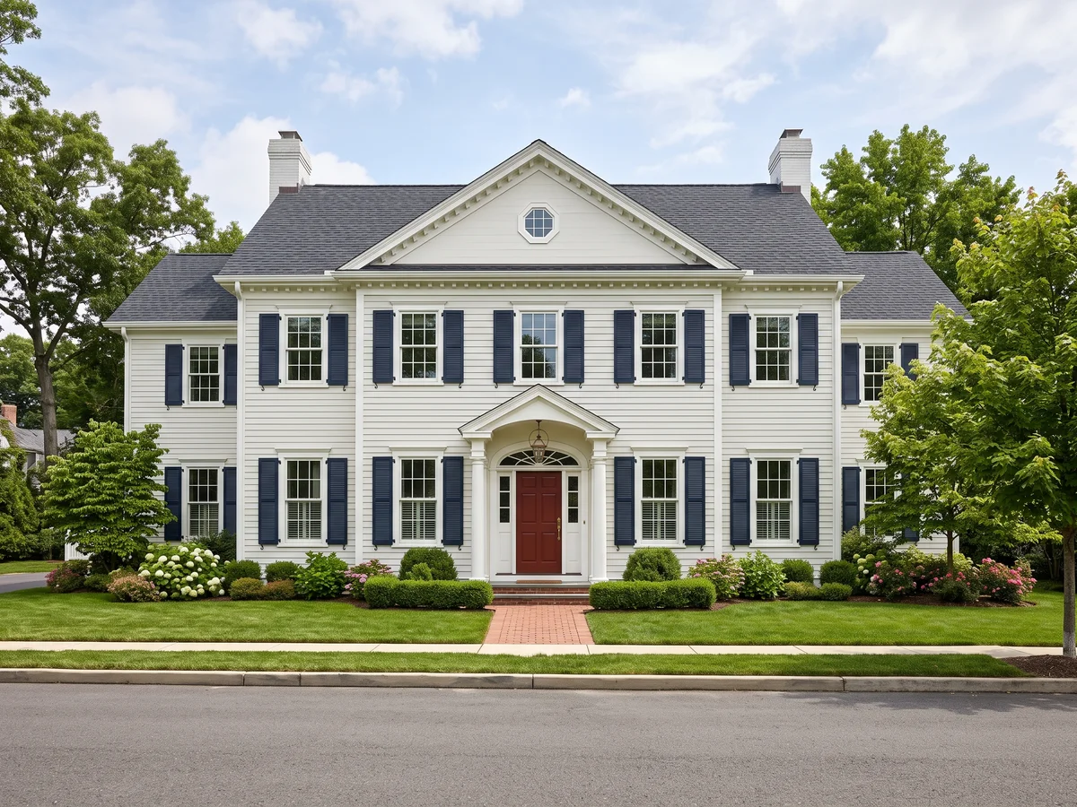 Two-story colonial house with a cream body, navy shutters and a red front door