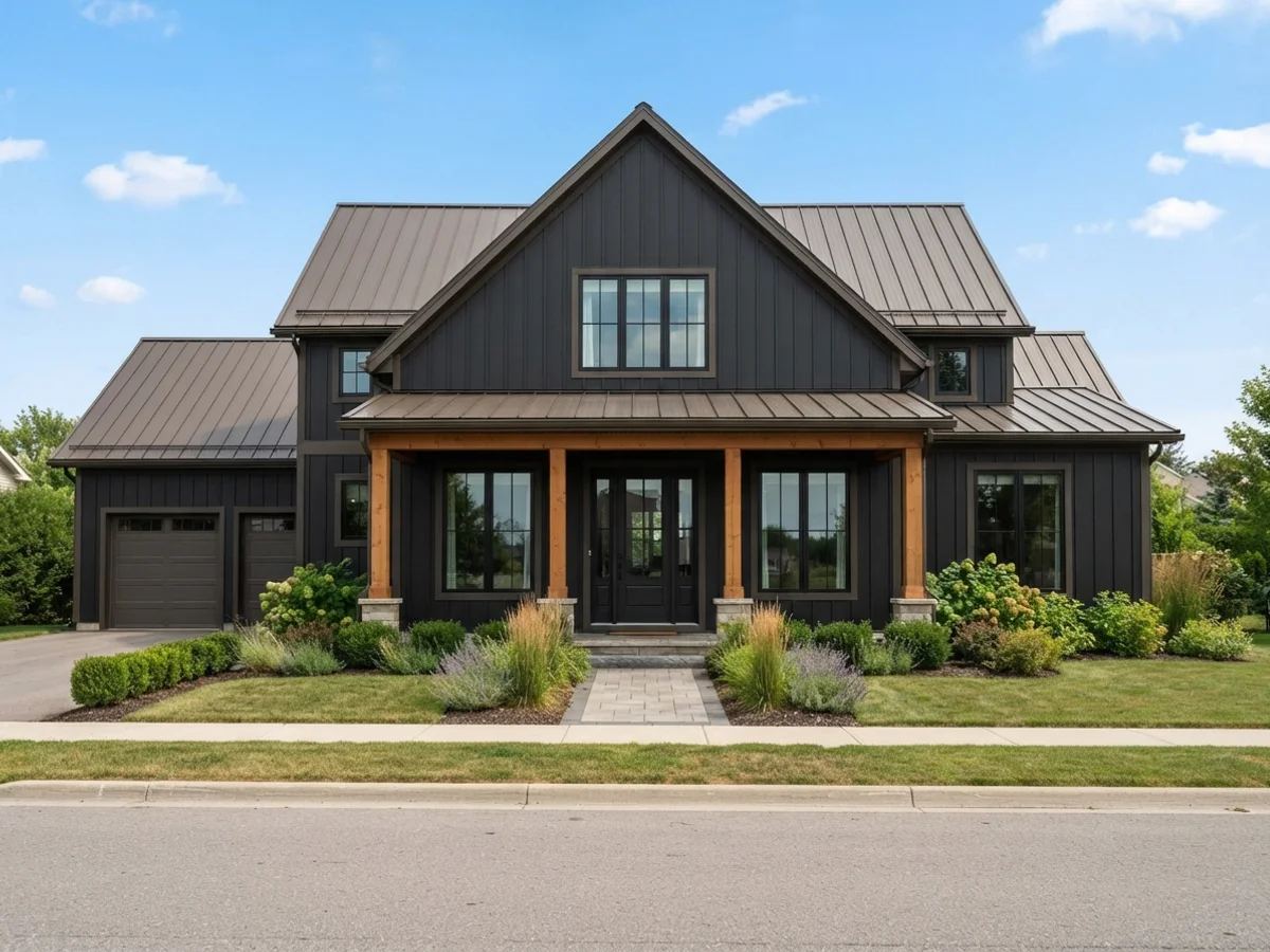 Black metal and cedar barndominium scheme