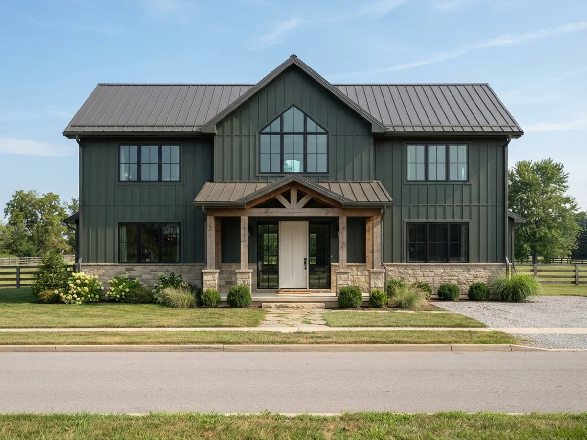 Green metal and stone barndominium scheme