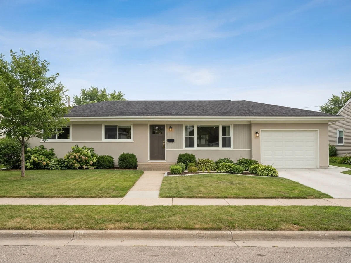 Greige + Crisp White ranch house scheme