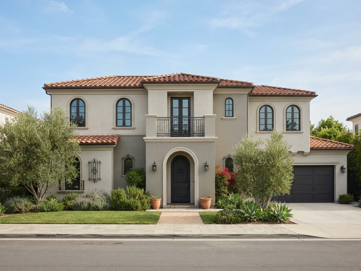 Greige + Black Windows stucco house scheme
